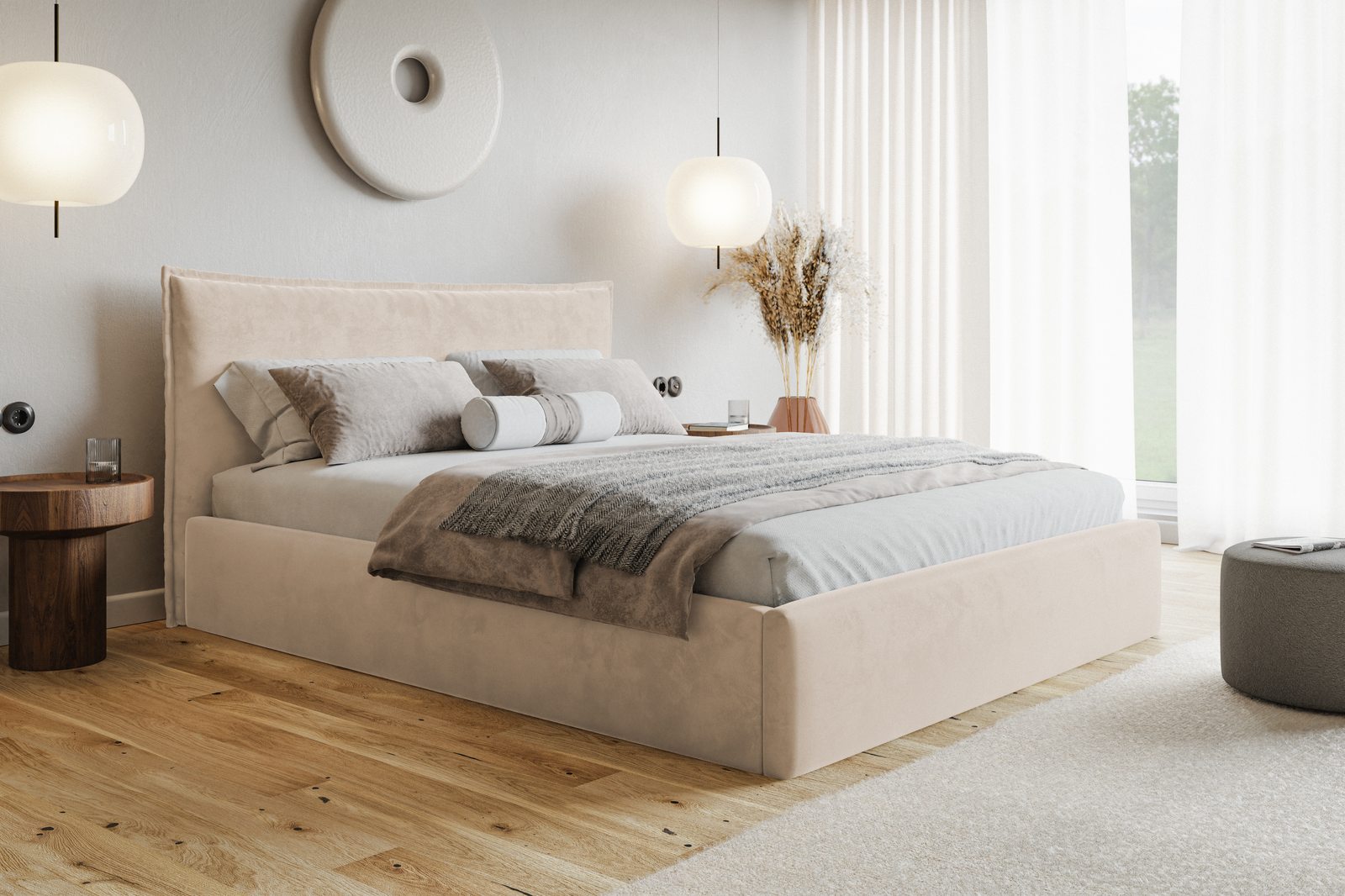 Čalúnená manželská posteľ s úložným priestorom SLIM 14 - béžová zamat | 180×200